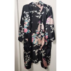 Asian Silk Robe Womens Flowers Birds Black Pink Small Peacock No Belt‎ Pockets